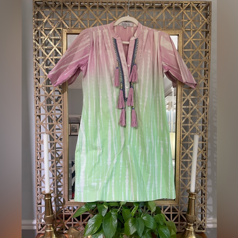 Bella Tu Mini Dress beading on 3 button placket tie-dye pink green size S